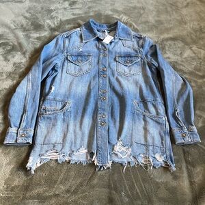Blue Button Up Denim Jacket with distressed details